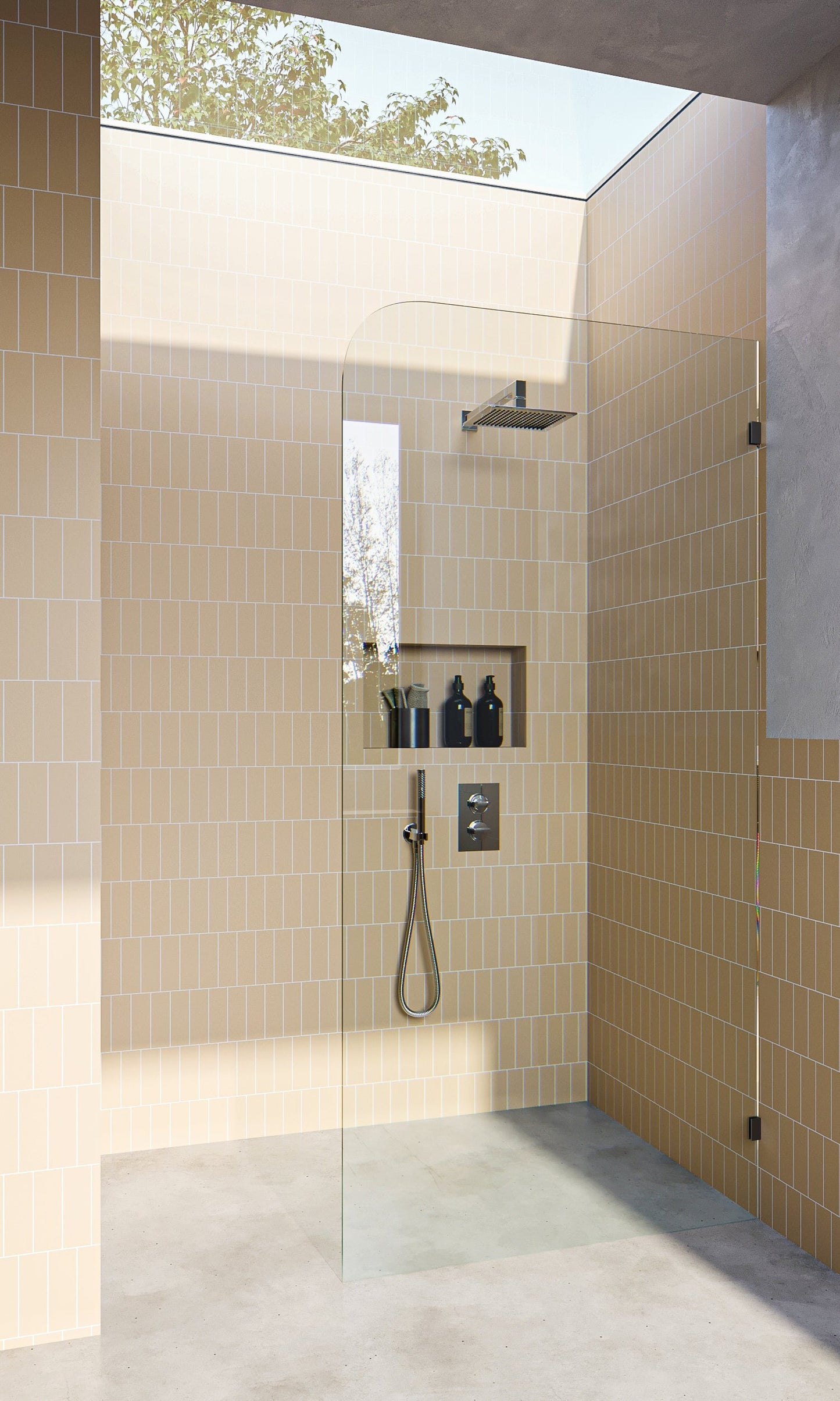 Gun Metal Grey Fixed Frameless Shower Screen Radius Corner Fixed Panel with Wall Brackets