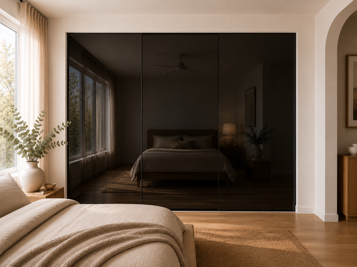 Frameless Sliding Wardrobe Doors — Black Glass