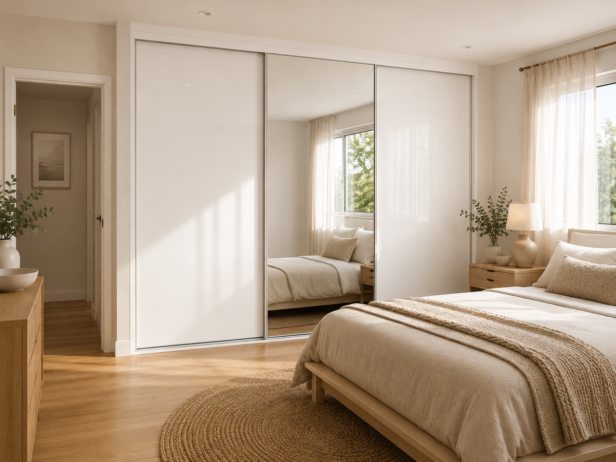 Standard Framed Sliding Wardrobe Doors — Mirror / White Vinyl
