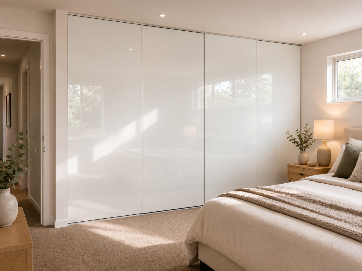 Frameless Sliding Wardrobe Doors — Super White Glass