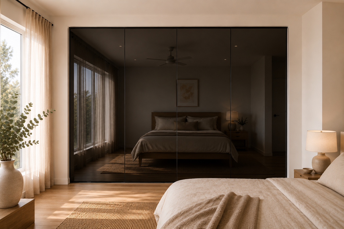 Frameless Sliding Wardrobe Doors — Black Glass