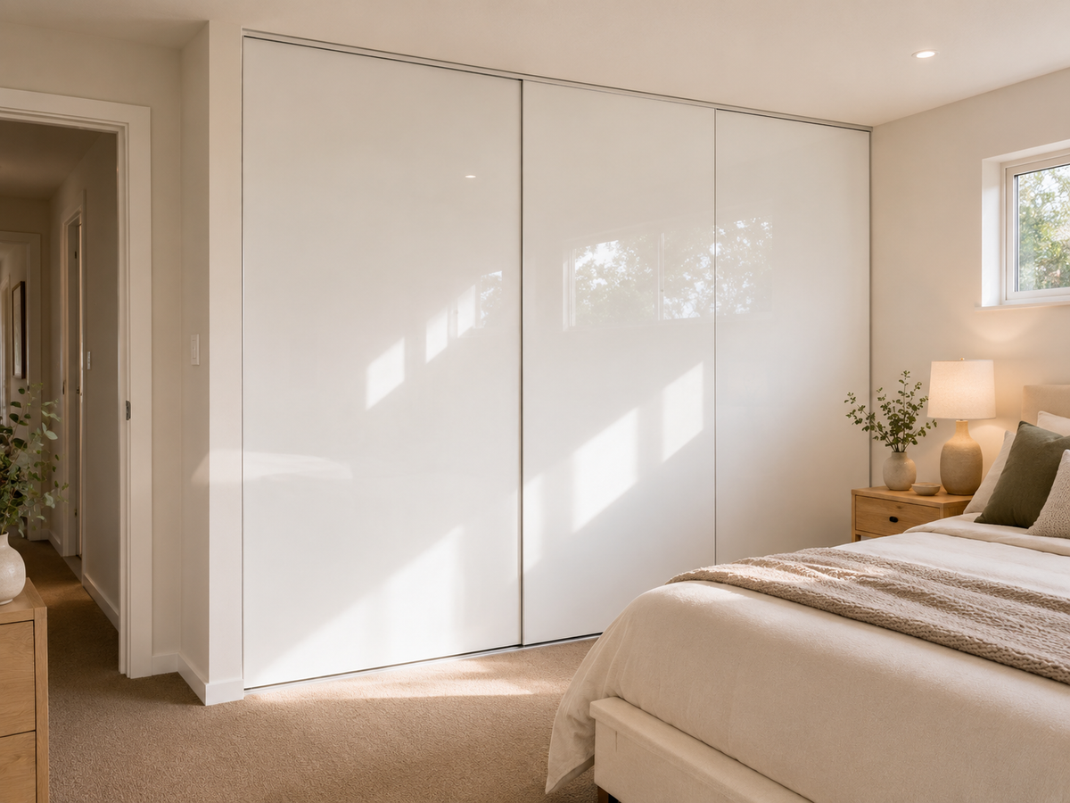 Frameless Sliding Wardrobe Doors — Super White Glass
