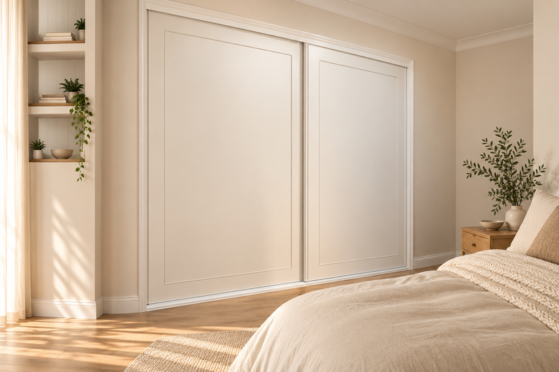 Colonial 1 MDF sliding wardrobe doors in a neutral bedroom