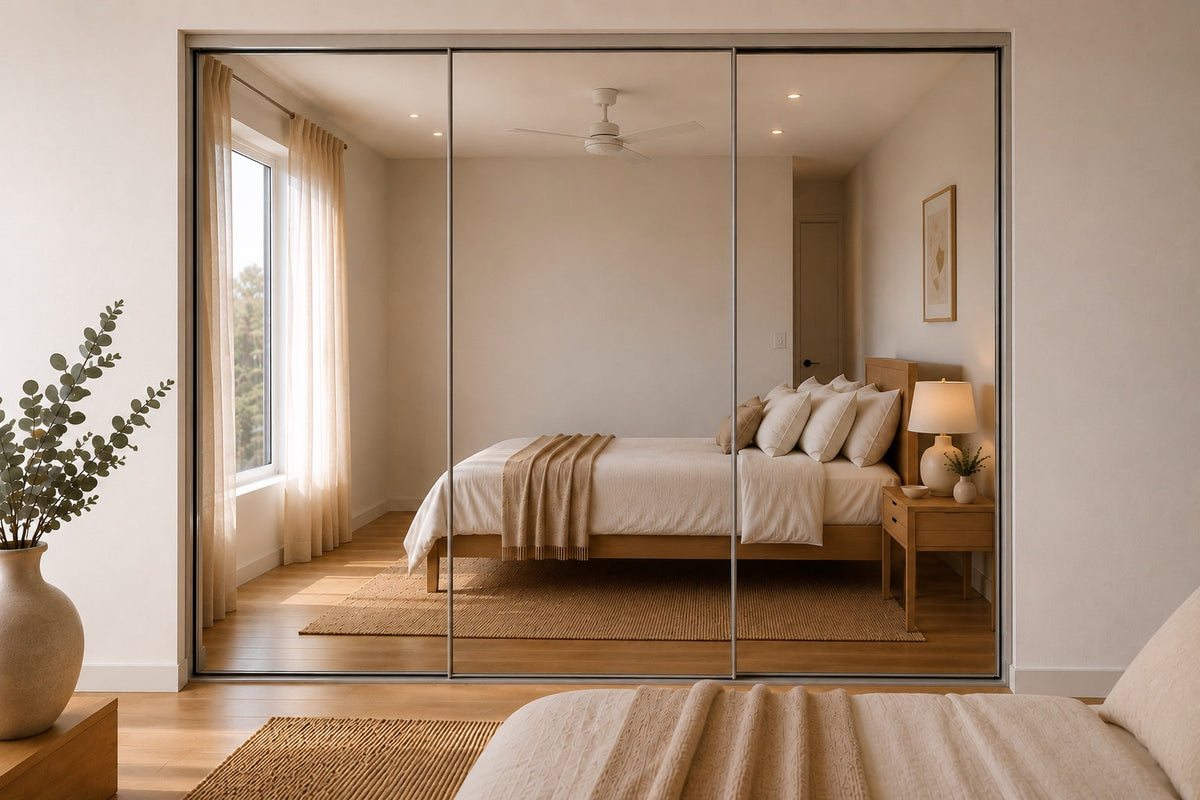 Frameless sliding wardrobe doors in mirror finish, 3 door configuration