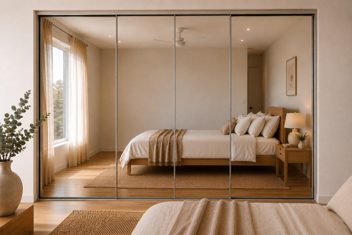 Frameless sliding wardrobe doors in mirror finish, 4 door configuration